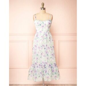 Storia Floral Smocked Back Ruffle Midi Dress Green Pink Purple Large Whimsical